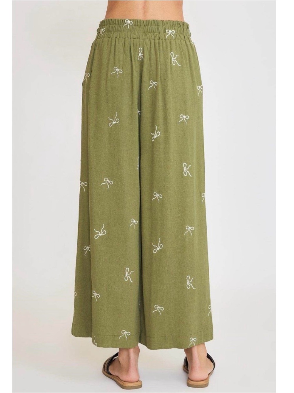 Umgee Linen Blend Wide Leg Pants SZ L Green Bows Flowy Lace Drawstring Waist - Picture 2 of 9